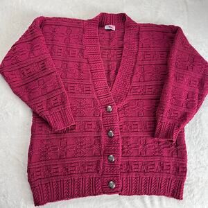 American Spirit Vintage Women's Knit cardigan Sweater Burgundy Red Cotton